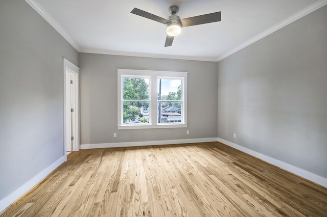 unfurnished room with ceiling fan, ornamental molding, and light hardwood / wood-style flooring