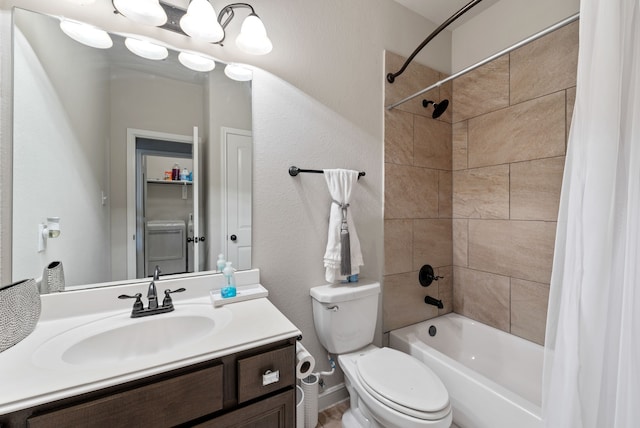 full bathroom featuring shower / bath combination with curtain, vanity, and toilet