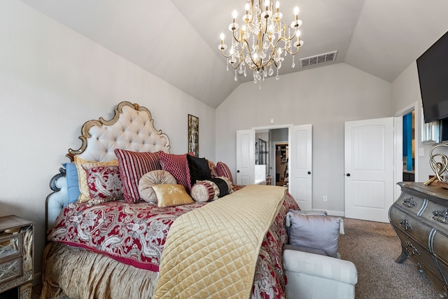 bedroom featuring an inviting chandelier, vaulted ceiling, and carpet