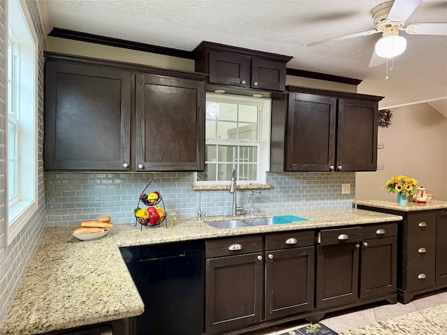 kitchen with dishwasher, dark brown cabinets, sink, and decorative backsplash