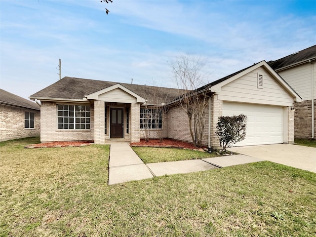 ranch-style house with brick siding, roof with shingles, concrete driveway, an attached garage, and a front yard