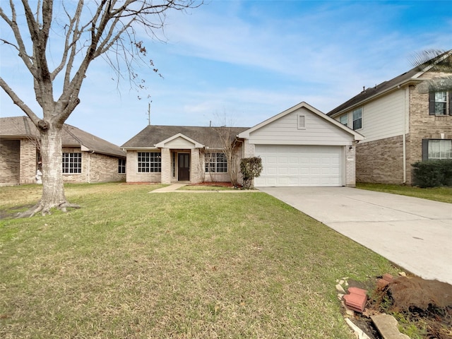 view of front of home with a garage, driveway, brick siding, and a front yard