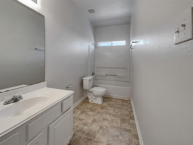 full bath with baseboards, shower / tub combination, vanity, and toilet