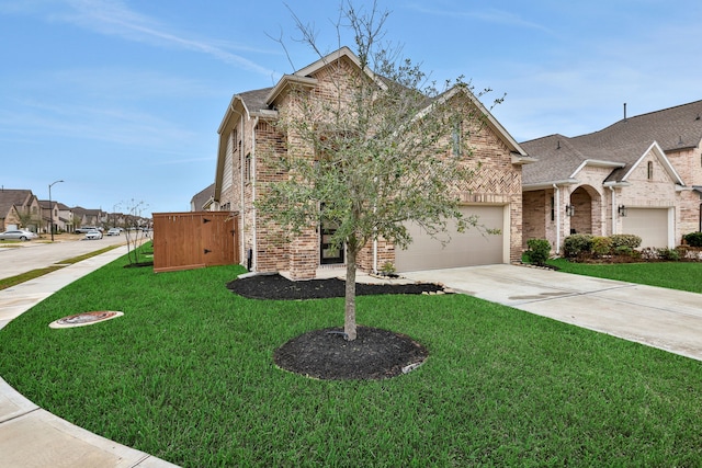 view of front facade with an attached garage, a front lawn, concrete driveway, and brick siding