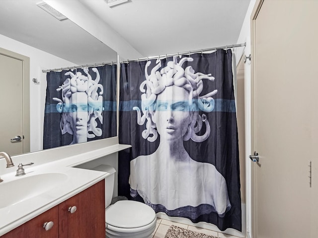 full bathroom featuring shower / bathtub combination with curtain, vanity, toilet, and tile patterned flooring