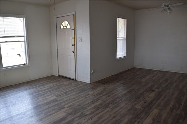 foyer with ceiling fan and a healthy amount of sunlight