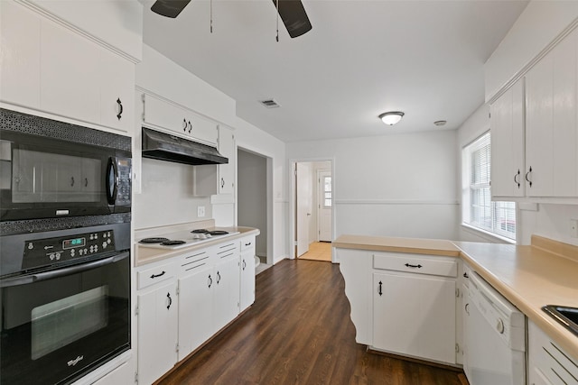 kitchen with white cabinetry, ceiling fan, dark hardwood / wood-style floors, and black appliances