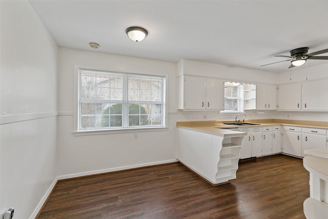 kitchen featuring dark hardwood / wood-style floors, sink, white cabinets, and ceiling fan