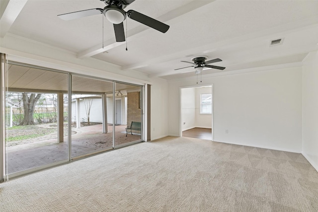 unfurnished bedroom featuring ceiling fan, beam ceiling, carpet, and access to outside