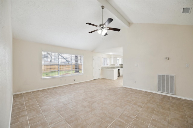 unfurnished living room featuring a textured ceiling, lofted ceiling with beams, and ceiling fan