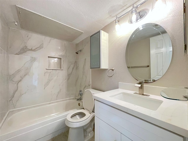 full bathroom featuring a textured ceiling, a textured wall, toilet, vanity, and  shower combination