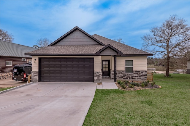 view of front facade featuring stone siding, a front lawn, and a shingled roof