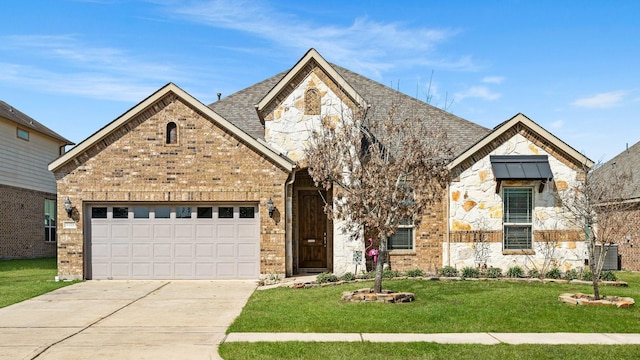 view of front of property with a front lawn, brick siding, an attached garage, a shingled roof, and driveway