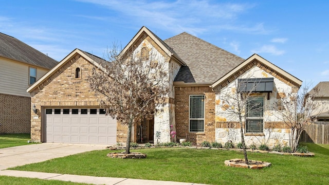 view of front of home featuring a front yard, an attached garage, a shingled roof, and stone siding