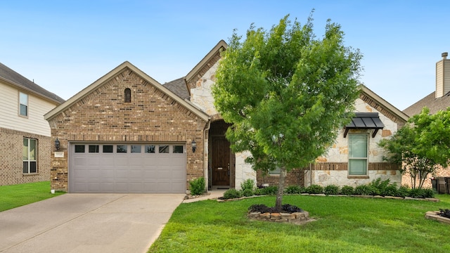 9518 Brannok Ln, Tomball, TX 77375 - view of front of home featuring stone siding, concrete driveway, and a front lawn