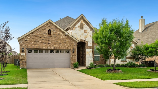 9518 Brannok Ln, Tomball, TX 77375 - view of front of house with driveway, a garage, stone siding, and brick siding