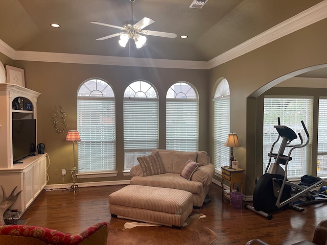 living room with dark wood-type flooring, vaulted ceiling, and a wealth of natural light