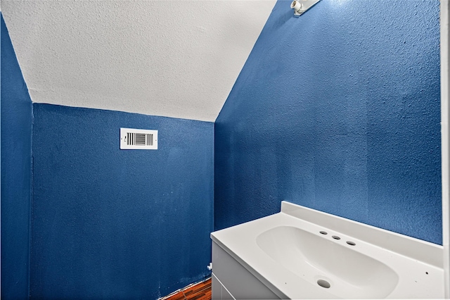 bathroom with lofted ceiling, vanity, and a textured ceiling