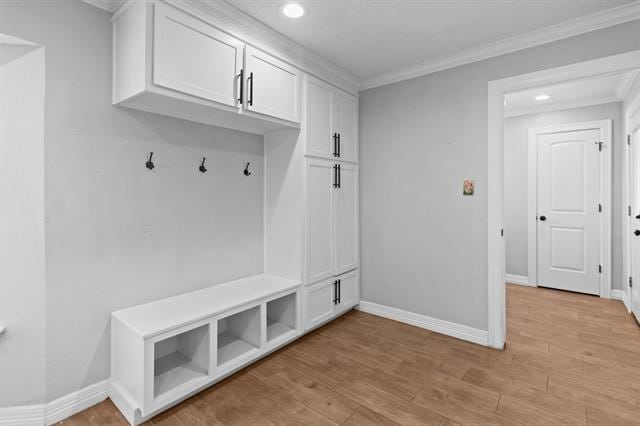 mudroom featuring crown molding and light wood-type flooring