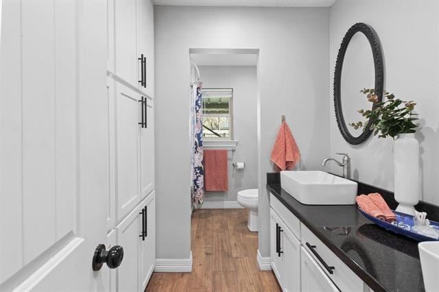 bathroom featuring vanity, wood-type flooring, and toilet