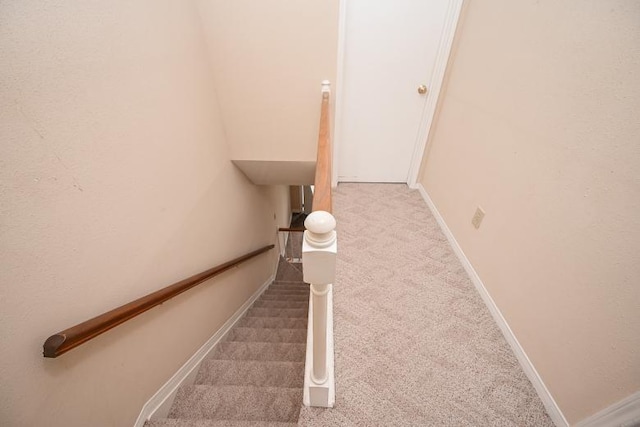 staircase featuring carpet flooring and baseboards