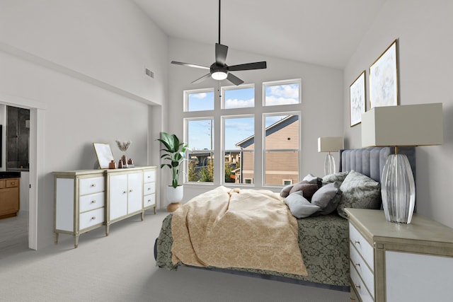 bedroom with light colored carpet, a ceiling fan, and high vaulted ceiling
