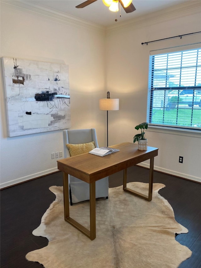 office space featuring hardwood / wood-style flooring, ceiling fan, and ornamental molding