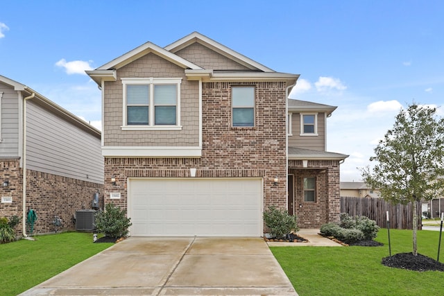 craftsman-style home with central AC unit, a garage, and a front lawn