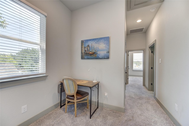 home office with light colored carpet