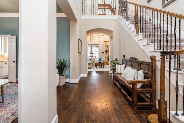 entryway featuring dark hardwood / wood-style flooring and a high ceiling