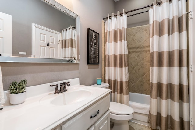 full bathroom with vanity, shower / bathtub combination with curtain, and toilet