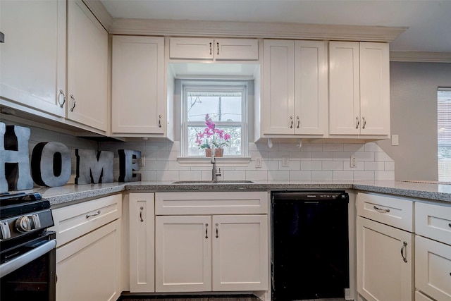 kitchen featuring white cabinets, dishwasher, gas range, and sink