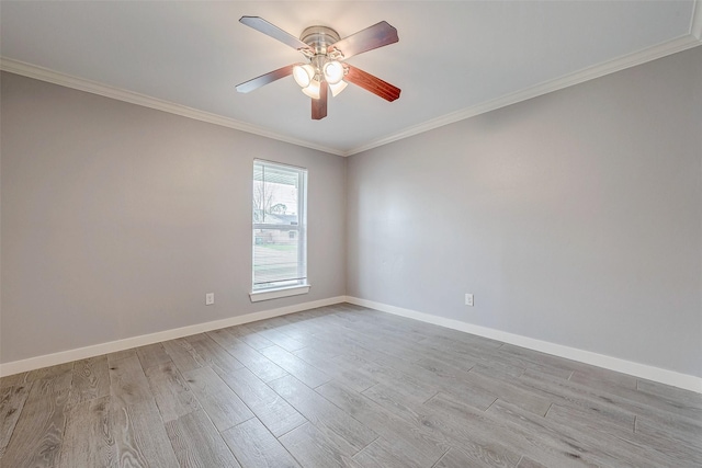 unfurnished room with crown molding, ceiling fan, and light hardwood / wood-style flooring