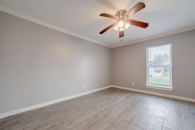 spare room with light hardwood / wood-style floors, ceiling fan, and ornamental molding