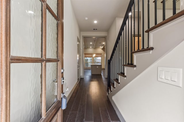 foyer entrance featuring dark wood-type flooring