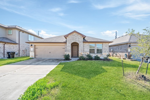 french provincial home with a garage and a front yard