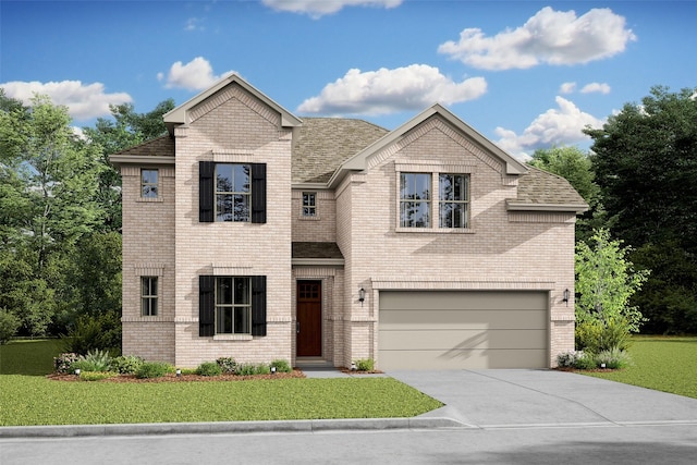 view of property featuring a garage and a front lawn