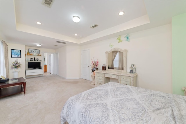 carpeted bedroom with a raised ceiling