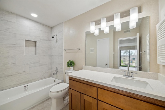 bathroom with toilet, recessed lighting, vanity, visible vents, and shower / washtub combination