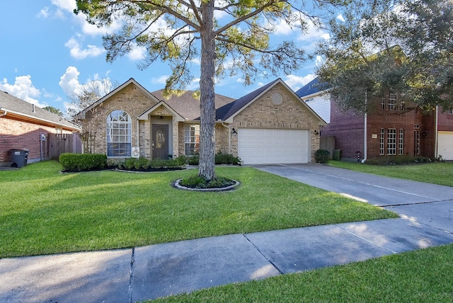 ranch-style house with brick siding, a front yard, fence, a garage, and driveway