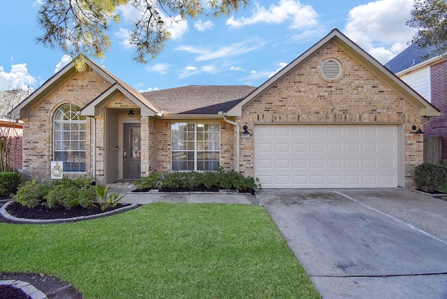 ranch-style house with brick siding, roof with shingles, concrete driveway, a garage, and a front lawn