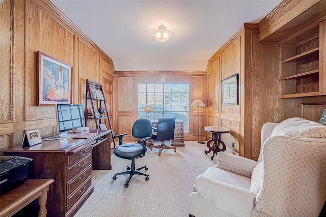 office area with carpet, wooden walls, and a textured ceiling