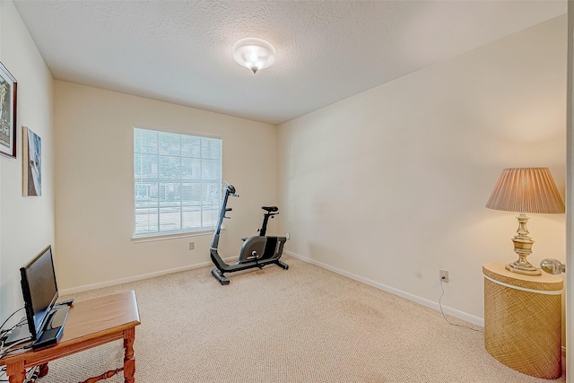 exercise room featuring carpet floors, a textured ceiling, and baseboards