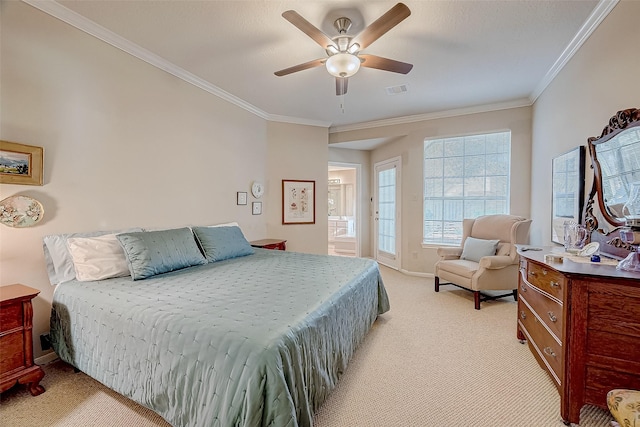 bedroom featuring ornamental molding, light colored carpet, visible vents, and ceiling fan