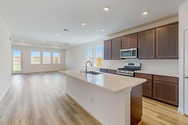 kitchen with stainless steel appliances, sink, a kitchen island with sink, and light wood-type flooring