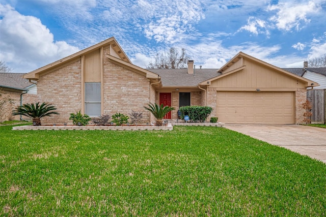 mid-century home with a front yard, brick siding, driveway, and an attached garage