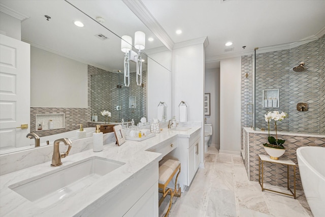 bathroom with crown molding, visible vents, a sink, and double vanity