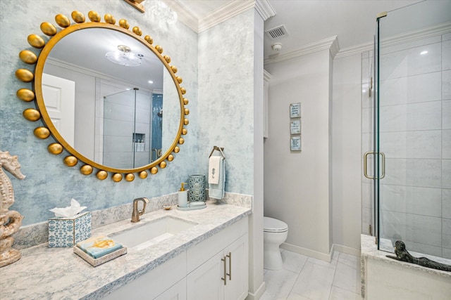 bathroom featuring a stall shower, baseboards, toilet, ornamental molding, and vanity