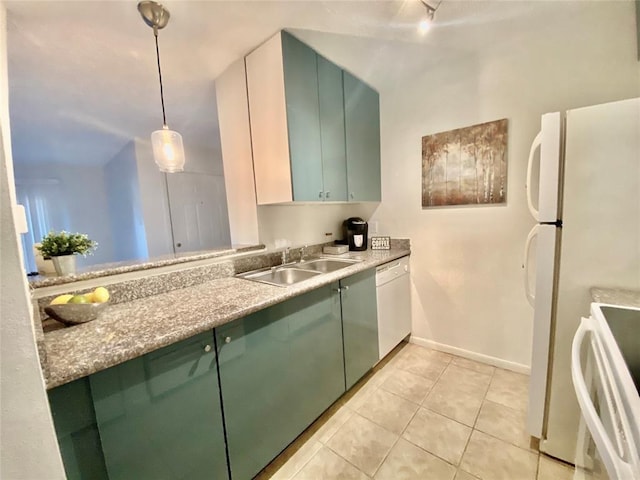 kitchen with a sink, green cabinets, light tile patterned flooring, stove, and dishwasher