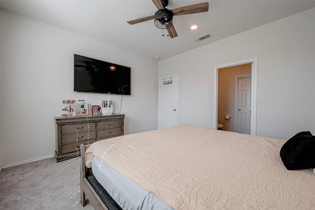 bedroom with light colored carpet and ceiling fan